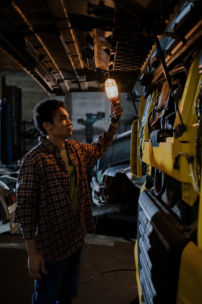 Mechanic examines truck engine under work light in a dimly lit garage.