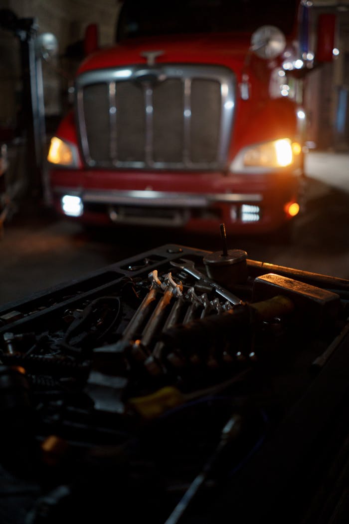 who-we-are Dimly lit garage scene featuring tools and a red truck, suggesting automotive repair.